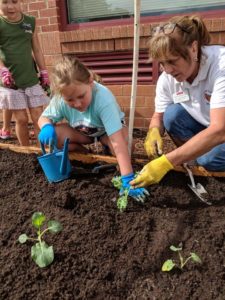 Master Gardener Pat Newcomer plants a raised bed garden with a student.