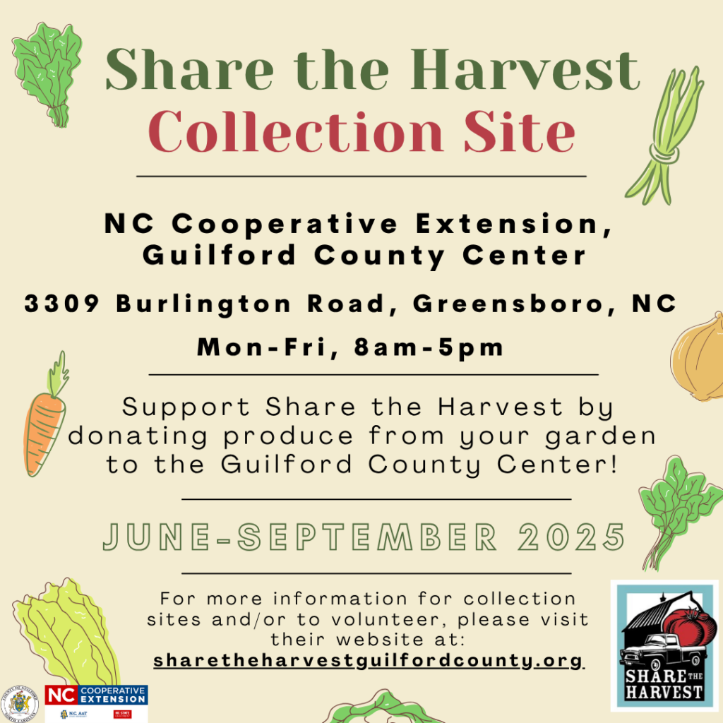 Share the Harvest Collection Donate produce from your garden to Share The Harvest, an organization made of volunteers to serve community needs. Share the Harvest collects fresh produce from local farmers and gardens and distributes the produce to community agencies. Support Share the Harvest by donating produce to the Guilford County Center!N.C. Cooperative Extension, Guilford County Center 3309 Burlington Road, Greensboro, NC Mon -Fri, ​8 a.m.-5 p.m.