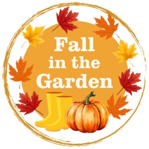 Fall in the Garden Logo with leaves, a pumpkin, and rubber boots