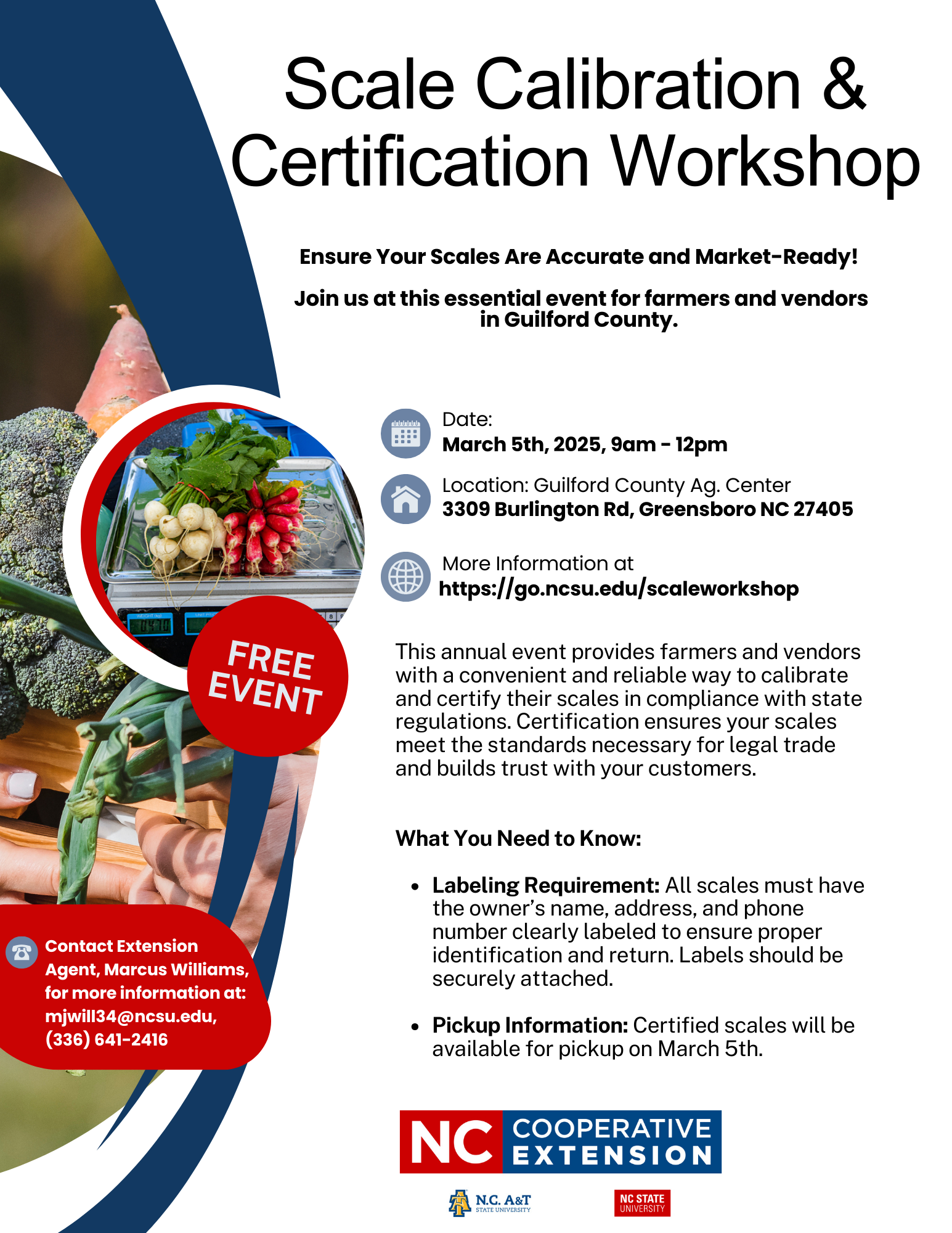 Scale Calibration Workshop Flyer with a photo of radish bunches on a scale