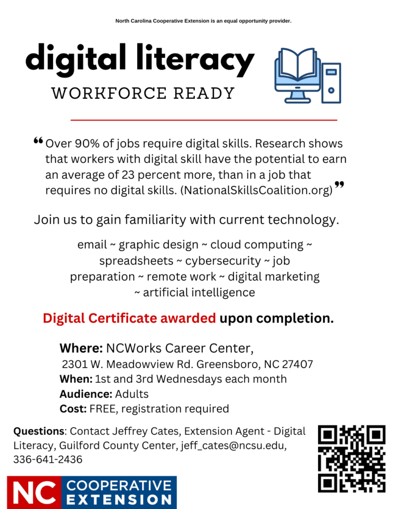 digital literacy flyer with a graphic of a computer with a book placed in front of it