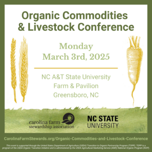 Organic Commodities & Livestock Conference flyer with green and yellow color theme