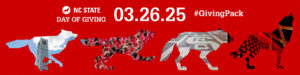Four wolves running across a red background with the Day of Giving March 26 date above and hashtag GivingPack.