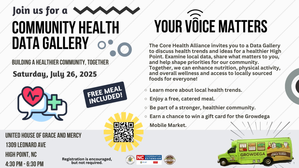 Join us for a Community Health Data Gallery. Building a Healthier Community,Together Saturday, July 26, 2025 Join us for a UNITED HOUSEOFGRACE AND MERCY 1309LEONARD AVE HIGH POINT, NC 4:30 p.m. -6:30 p.m. FREE MEAL INCLUDED