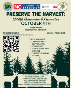 preserve the harvest: wildlife conservation and preservatoin on October 4th. The background is beige with outlines of forest trees and deer in a forest.