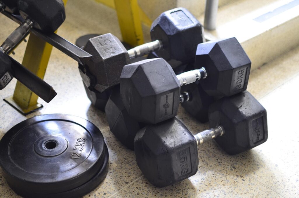 Dumbbells and barbell plates. 