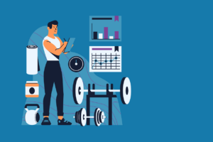 Person in a gym with weights, calendar.
